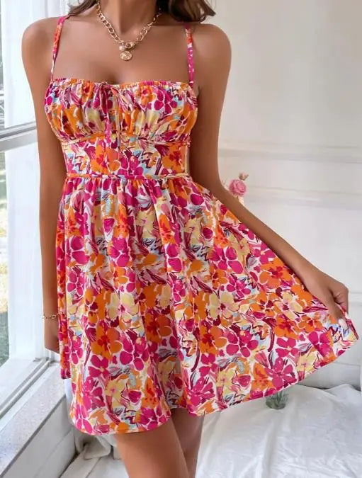 Womens Dresses 2026 Spring Summer New Fashion Floral Print Square Collar Backless Beach Vacation Lace Up Casual Mini Dress by DERILUJA LLC