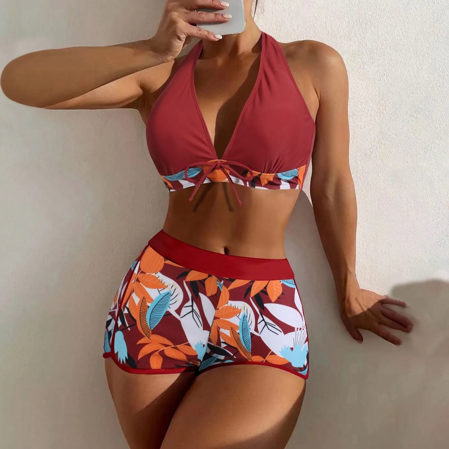 Women's Paneled Printed Swimsuit Ladies Fashion High Waist Swimsuit Two-Piece Set V-Neck Bathing Suits Female by DERILUJA LLC