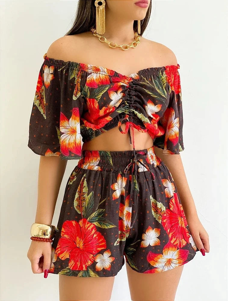 Shoulder Slash Neck T-shirt Shorts Set Office Lady Floral Print Lace Up Short Sleeve Two Piece Set Women Outfit 2026 by DERILUJA LLC