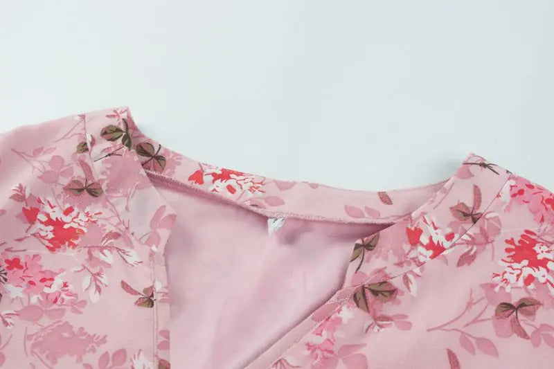 Spring Summer Fashion Women V Neck Short Sleeve Loose Chic Floral Printed Dress by DERILUJA LLC