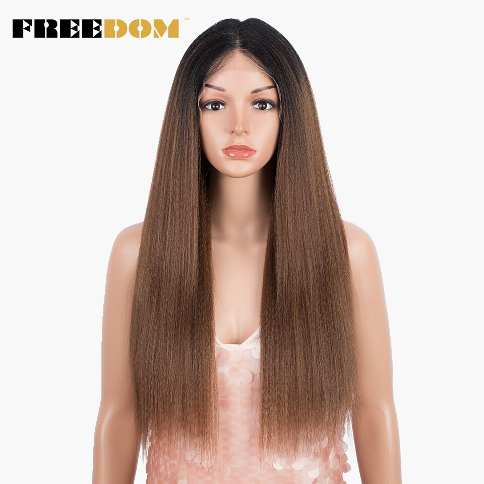 FREEDOM Synthetic Lace Front Wigs For Black Women Yaki Straight Long 26inch perruque Lace Wig Baby Hair Heat Resistant Fiber