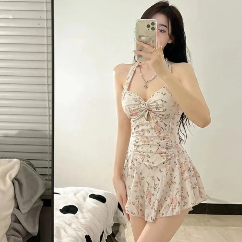 sexy Korean fashion conservative swimsuit one piece floral print wrinkled knot mini dress culottes bikinis padded swimwear by DERILUJA LLC
