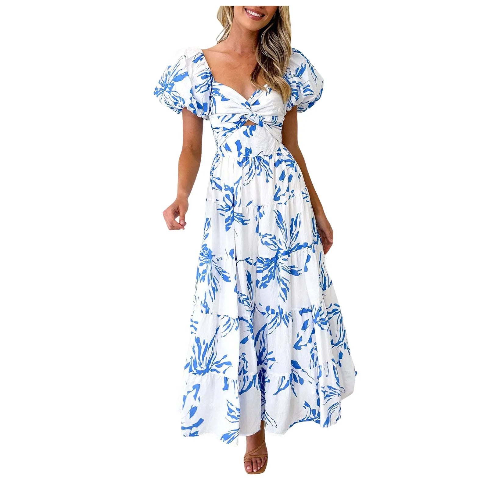 Summer V Neck Cutout Floral Print Dresses Elegant Women Puff Short Sleeve Casual Dress Pleated Waisted Swing Beach Long Dress 2026 by DERILUJA LLC