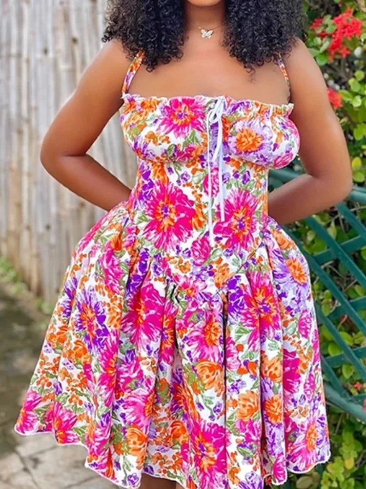 Dress Women Summer Fashion Women Sleeveless Polyester Printing Mini Dress Casual Beach Party Evening Dress by DERILUJA LLC