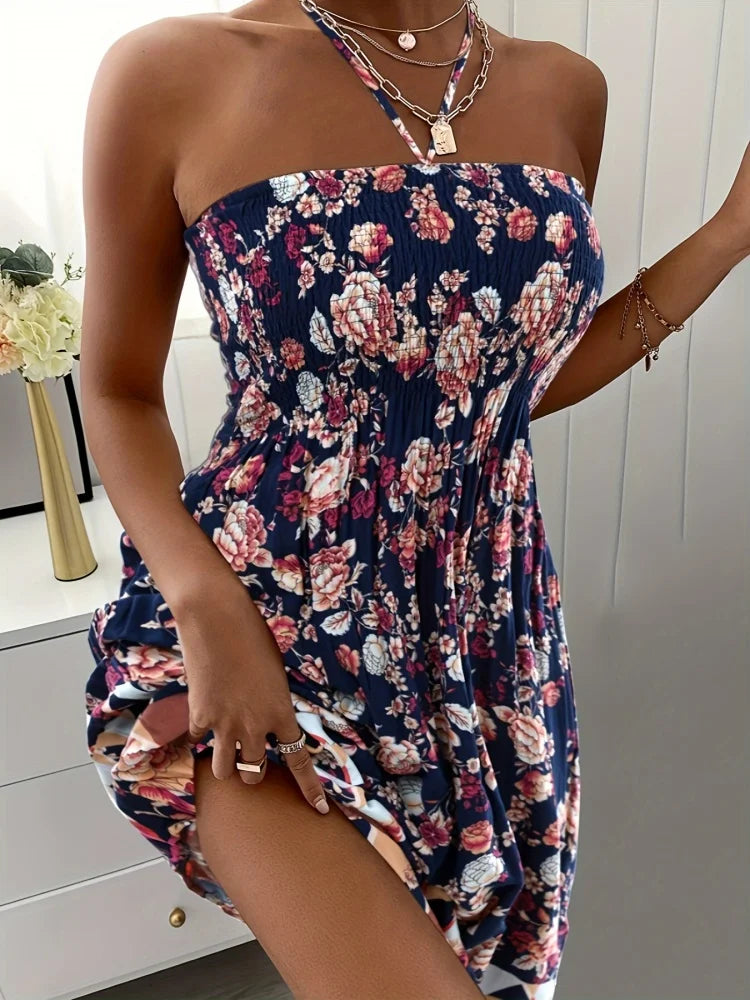 Plus Size Women Boho Flower Printed Dress Women's Strap Neck Casual Vacation Dress by DERILUJA LLC
