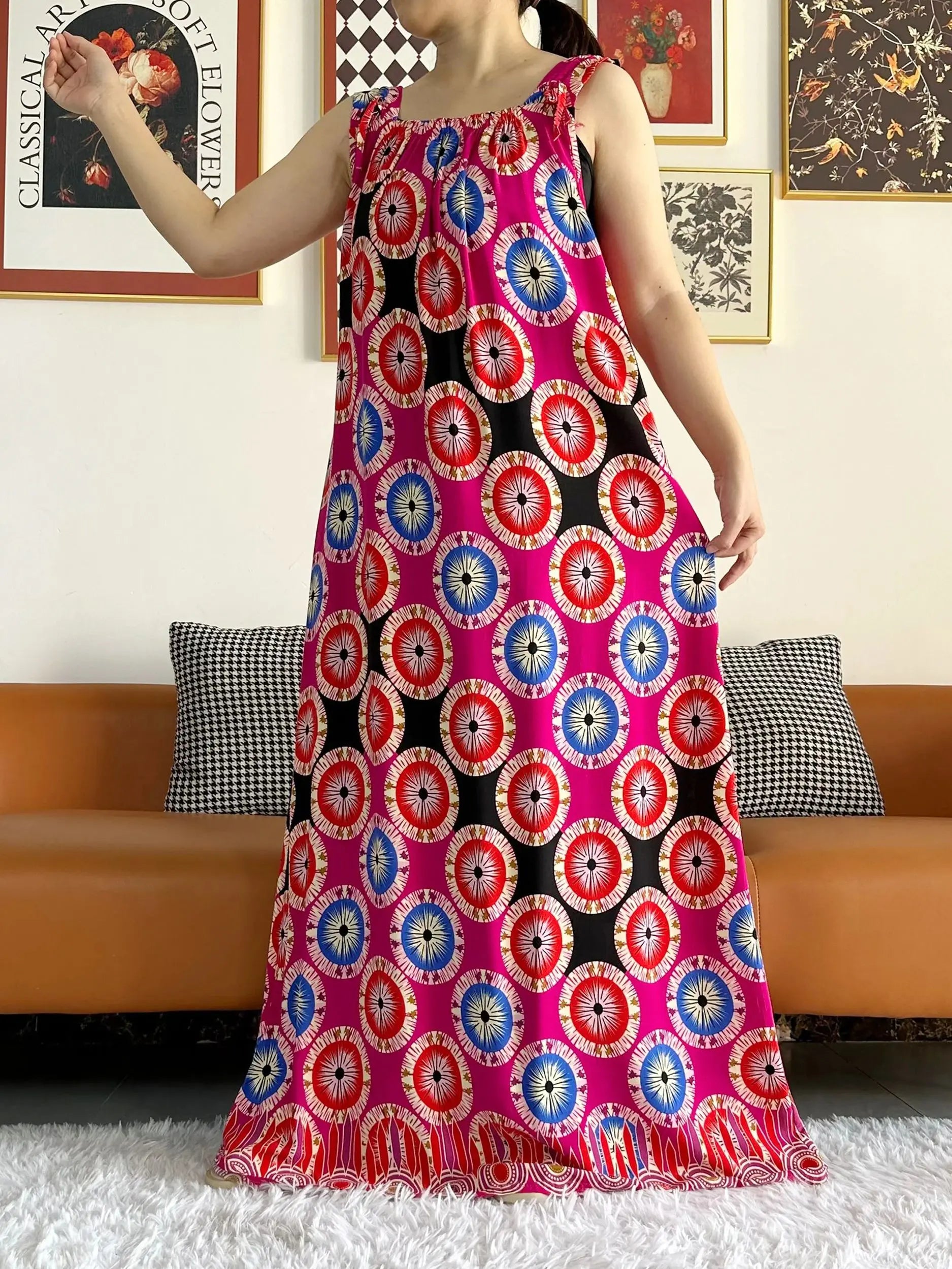 Cotton Summer Sleeveless Dress Print Floral Loose Women Casual Robe With Big Scarf by DERILUJA LLC