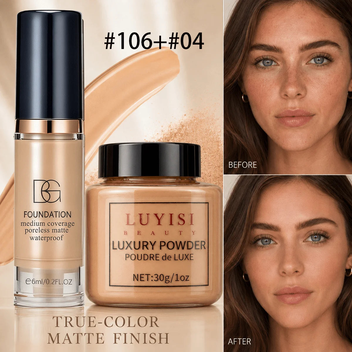 Facial Makeup Set:1pc Matte Loose Powder+1pc Waterproof Fundation,High-Coverage,Long-Lasting,Oil Control,Creat Natural Looks. by DERILUJA LLC