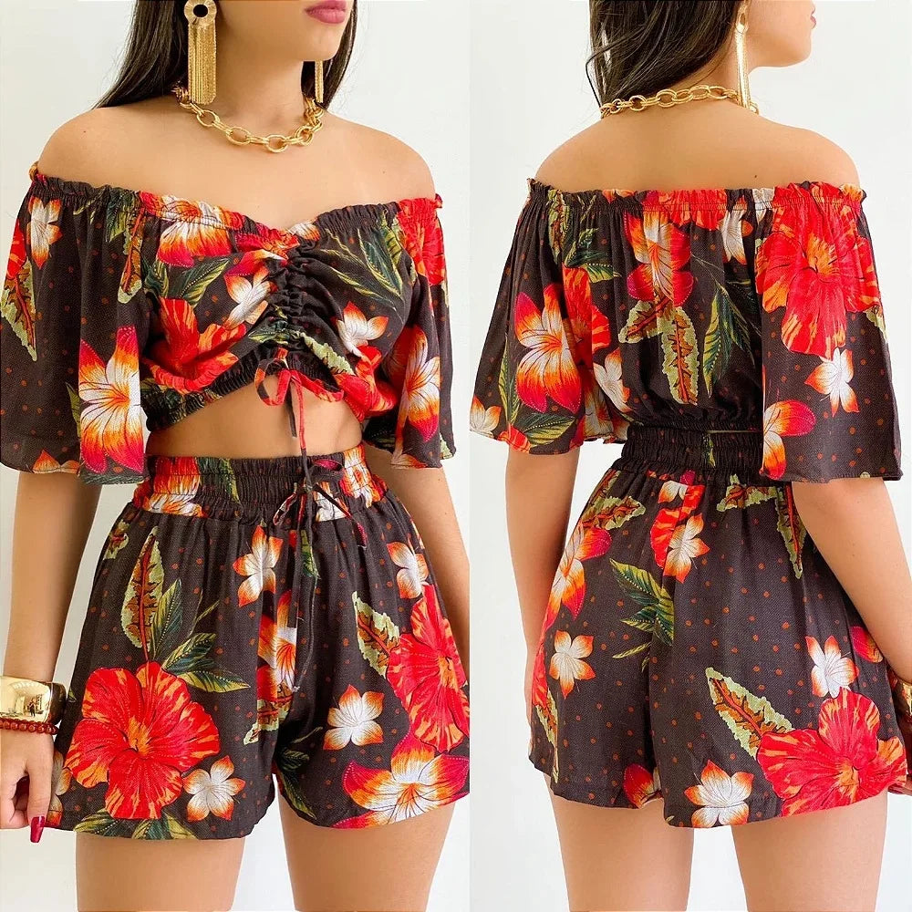 Shoulder Slash Neck T-shirt Shorts Set Office Lady Floral Print Lace Up Short Sleeve Two Piece Set Women Outfit 2026 by DERILUJA LLC