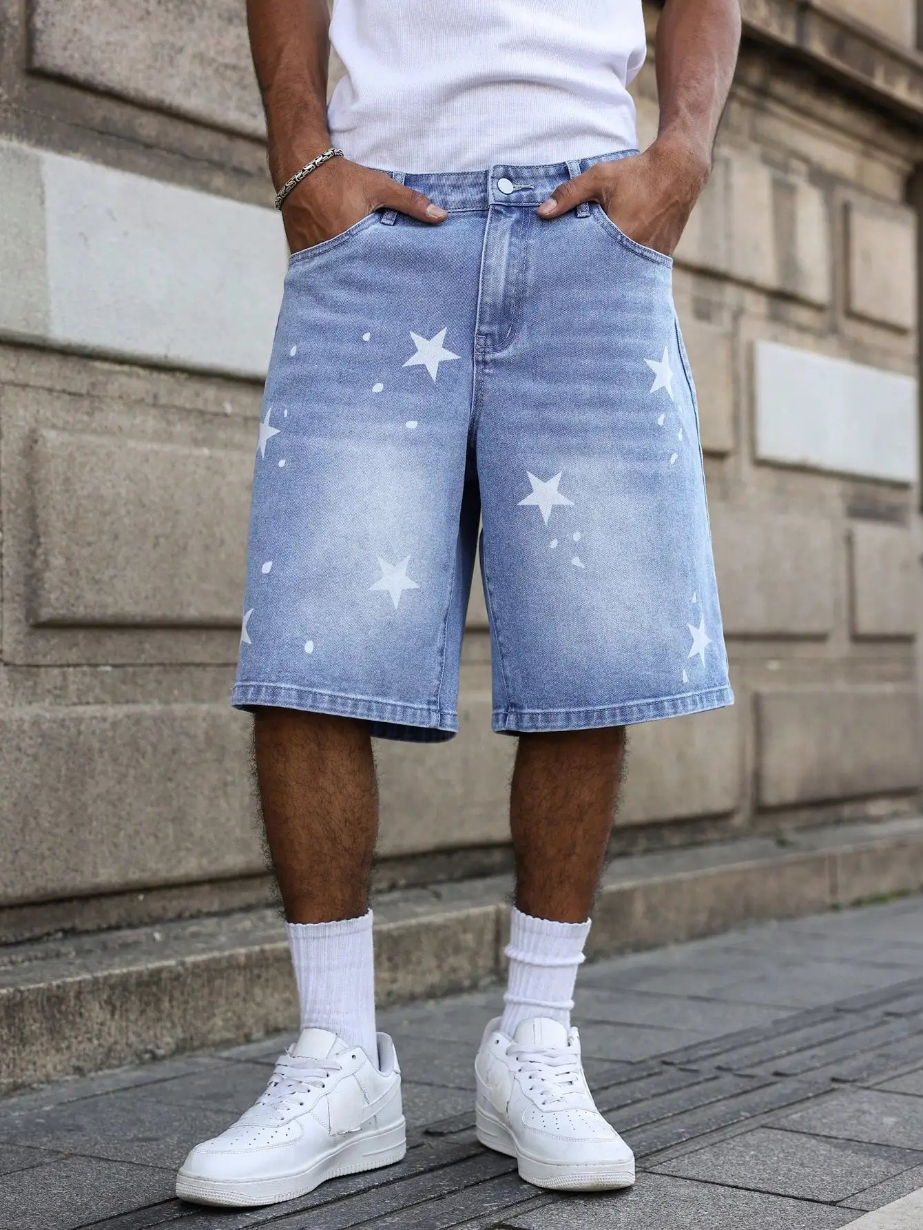 Men's blue denim shorts for spring and summer, with stars printed on the legs, are stylish and simple to match. by DERILUJA LLC
