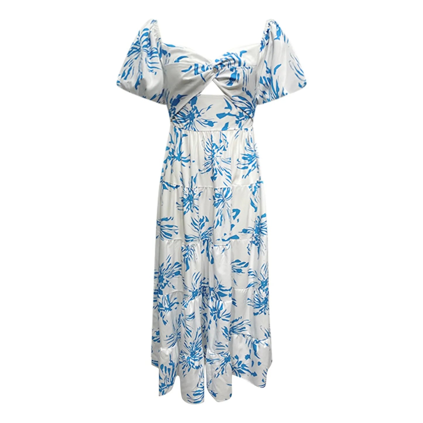 Summer V Neck Cutout Floral Print Dresses Elegant Women Puff Short Sleeve Casual Dress Pleated Waisted Swing Beach Long Dress 2026 by DERILUJA LLC
