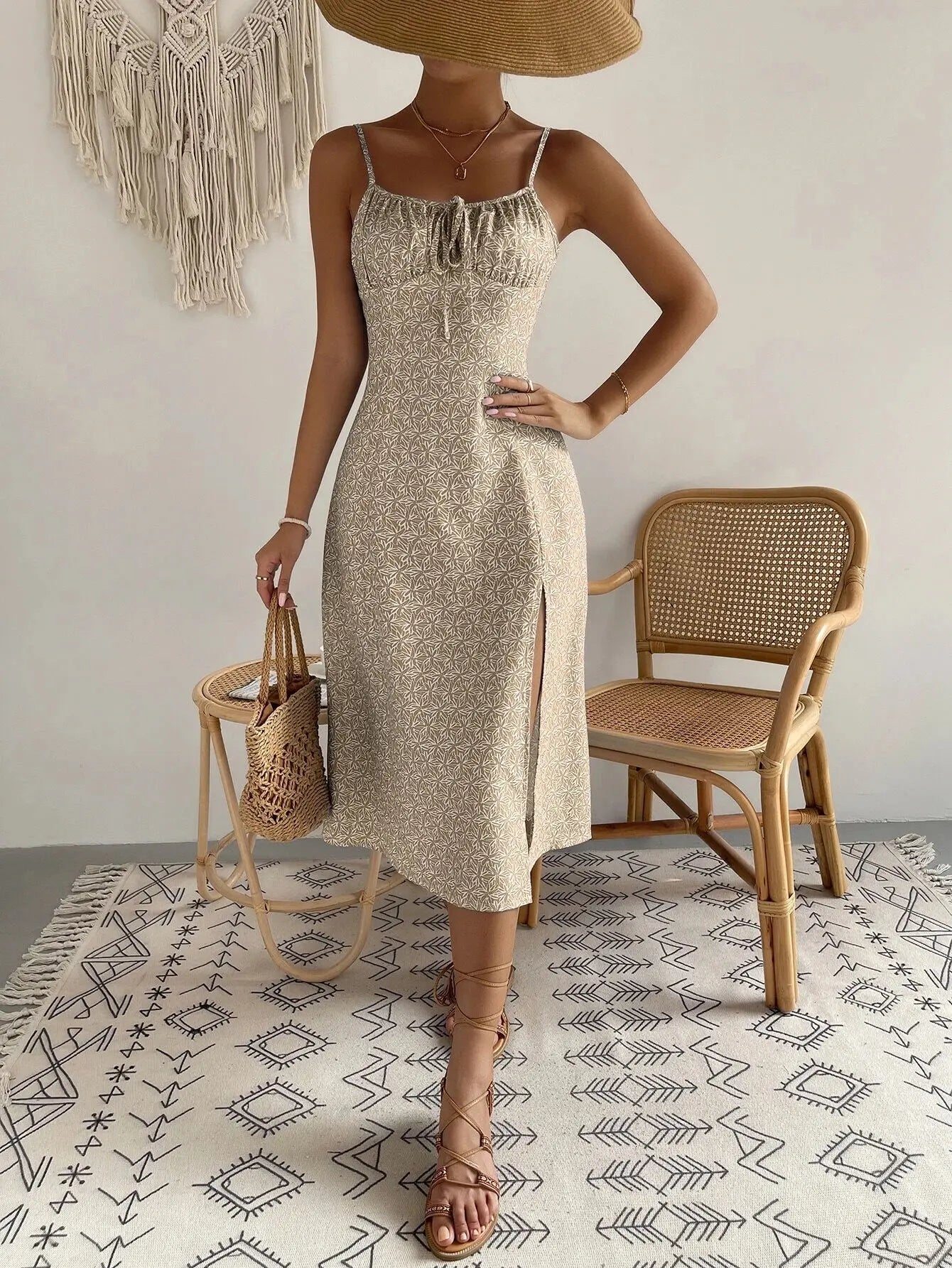 Dress Beach Style Floral Print Frock Lace-Up V-Neck Ruched Skirt Slit Hem Female Vestido by DERILUJA LLC