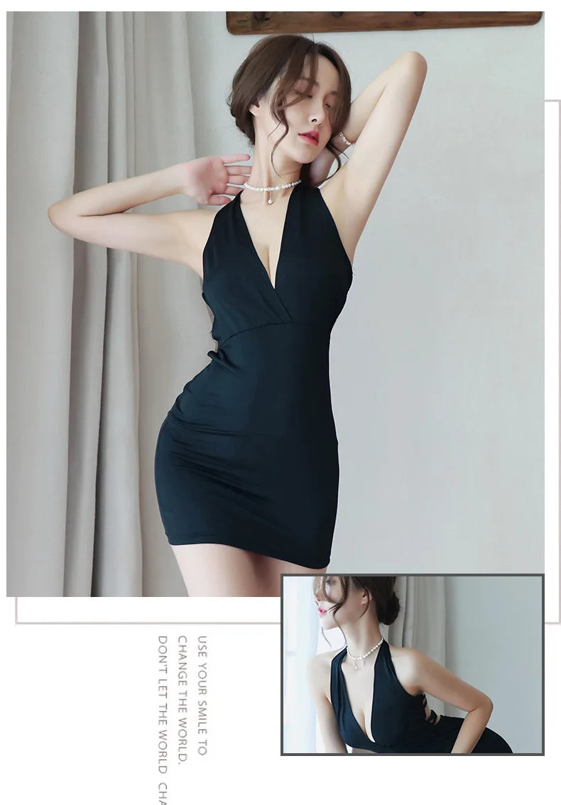 Dress Deep V-Neck Slim Hot Backless Mini Dress Female Bandage Halter Patchwork Mini Vestidos by DERILUJA LLC