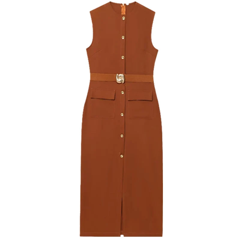 Long Dresses Summer 2026 Sleeveess Button Up Belt Sundress Vestidos by DERILUJA LLC