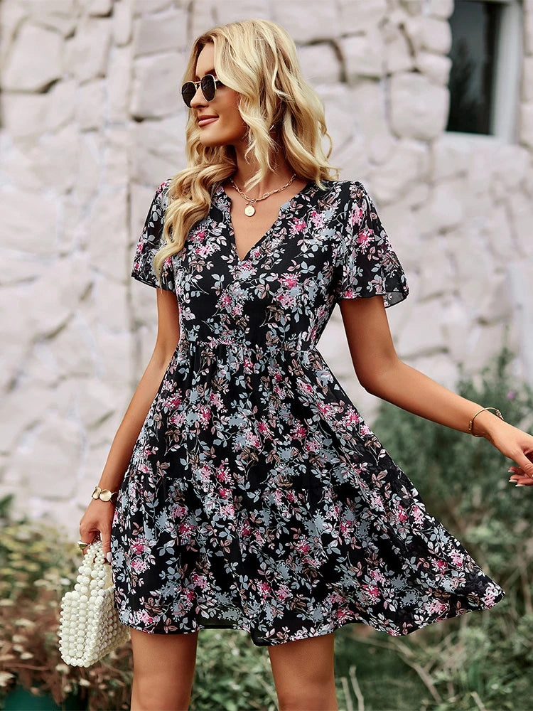 Spring Summer Fashion Women V Neck Short Sleeve Loose Chic Floral Printed Dress by DERILUJA LLC