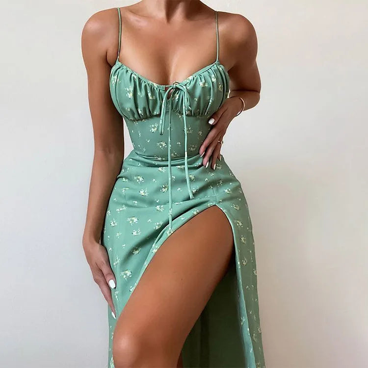 Flower Printed Spaghetti Strap Dresses For Women Low Cut Beach Party Slim Slit Dress Chic Bodycon Lady Sleeveless Vestidos
