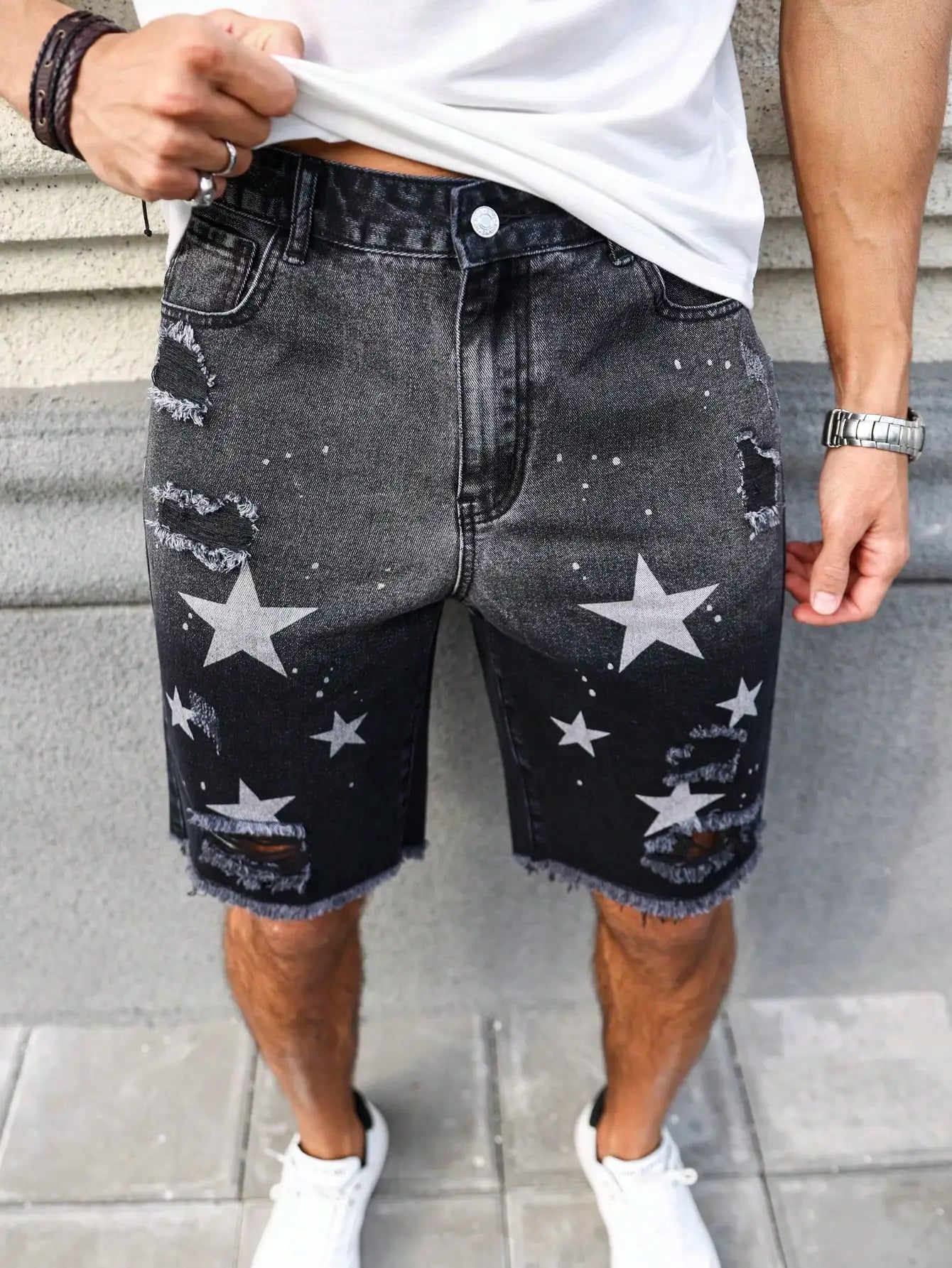Men's summer denim printed shorts. Black - grey gradient color. Ripped details. Street - style trend. by DERILUJA LLC