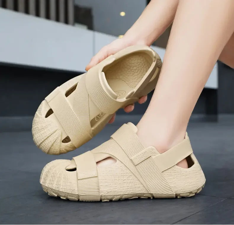 Summer Men's Outdoor Hollow Sandals Flat Bottom Non Slip Women's Garden Beach Breathable Soft Bottom Sneakers Large Sandals by DERILUJA LLC