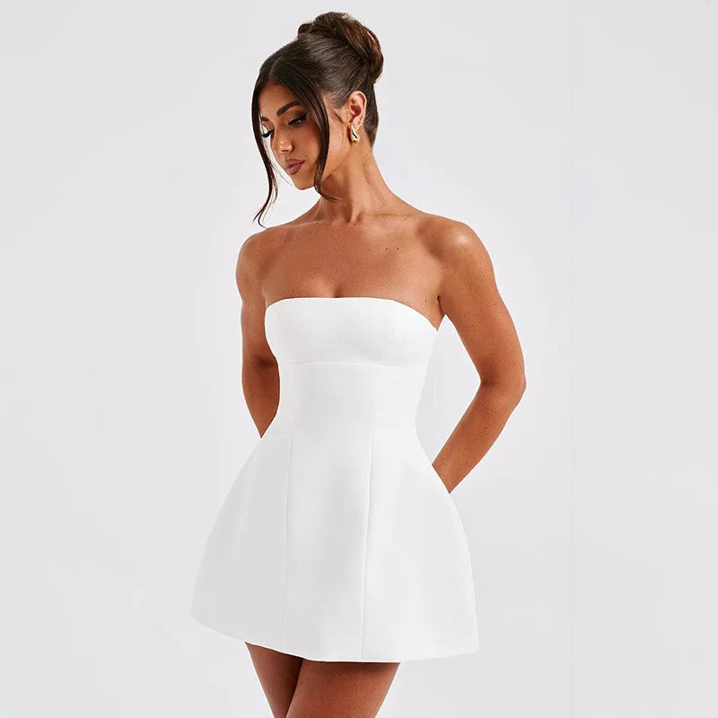 Mini Dresses Solid Patchwork High Waist Summer Fashion Female Bodycon Plunge Vacation Strapless Dress by DERILUJA LLC