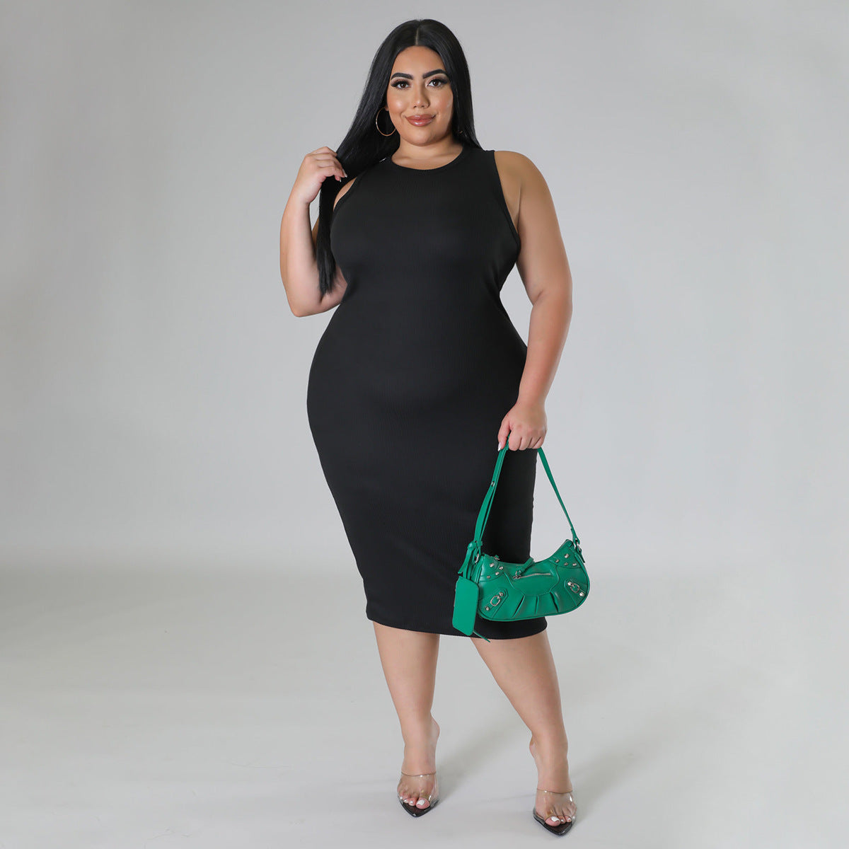Women Plus size Fashion Sleeveless Knit Ribbed Bodycon Midi Tank Dress by DERILUJA LLC