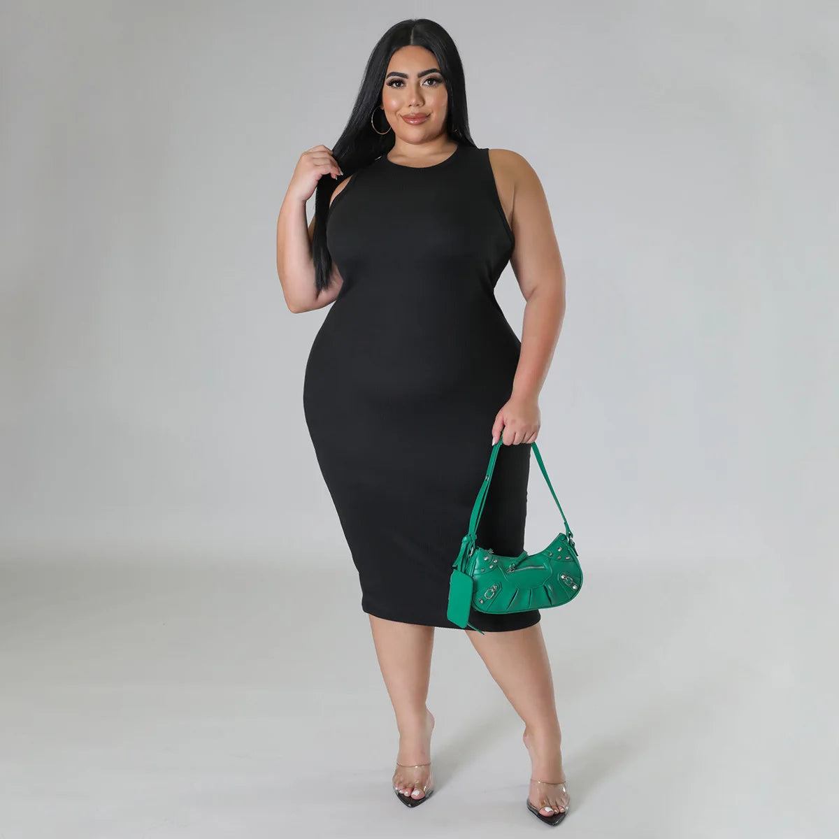 Women Plus size Fashion Sleeveless Knit Ribbed Bodycon Midi Tank Dress by DERILUJA LLC