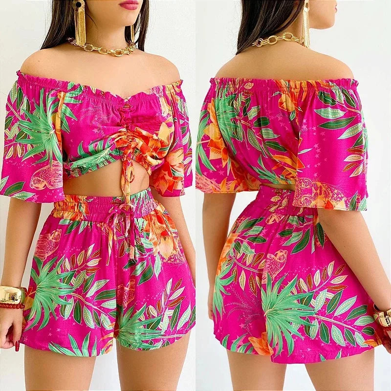Shoulder Slash Neck T-shirt Shorts Set Office Lady Floral Print Lace Up Short Sleeve Two Piece Set Women Outfit 2026