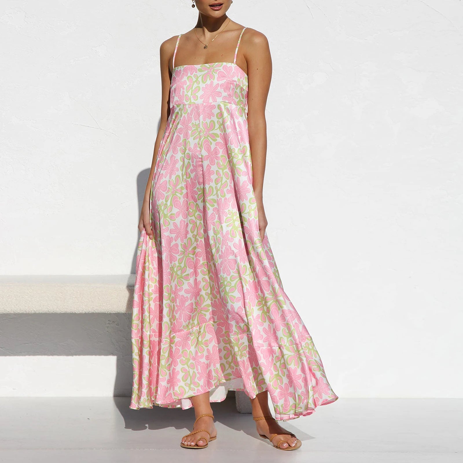 Women Sun Long Dress Swing Dress Slip Dress Spaghetti Straps Floral Backless Dresses Summer Lady Elegant Holiday Outfits by DERILUJA LLC