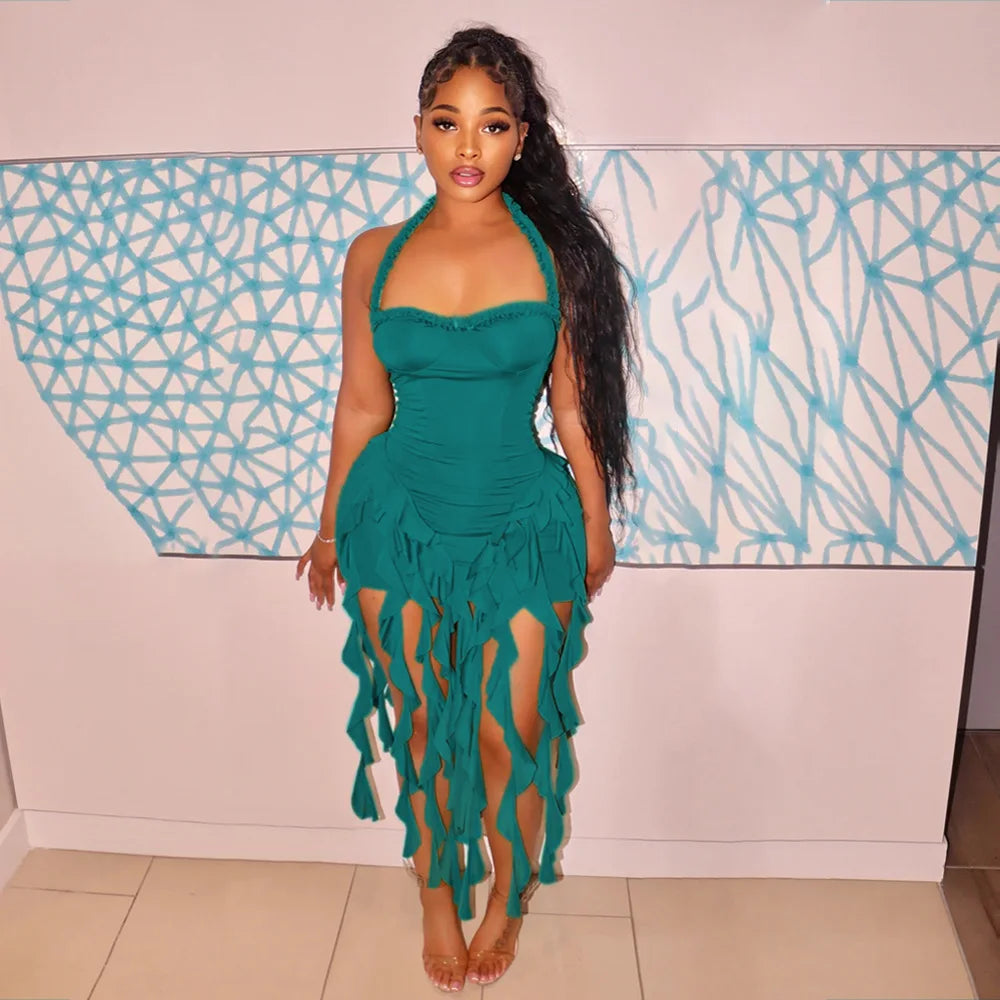 Women Sleeveless Strapless Halter Long Dress Summer Streetwear Beach Tassel Evening 2026 Night Party Dresses Vestidos by DERILUJA LLC