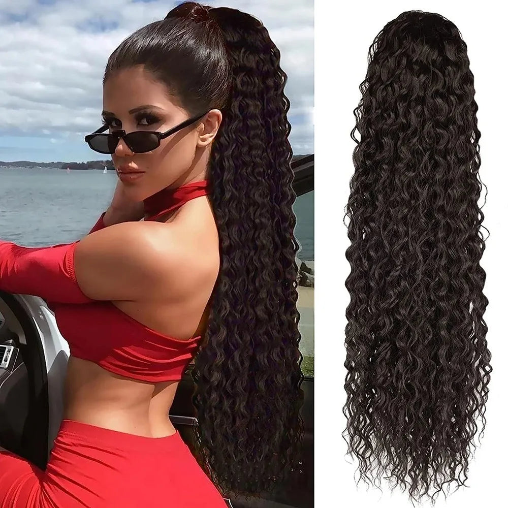 Synthetic Wig 24inch Long Curly Wave Drawstring Ponytail HairPieces Extension Heat Resistant Clip in For Women Girl by DERILUJA LLC