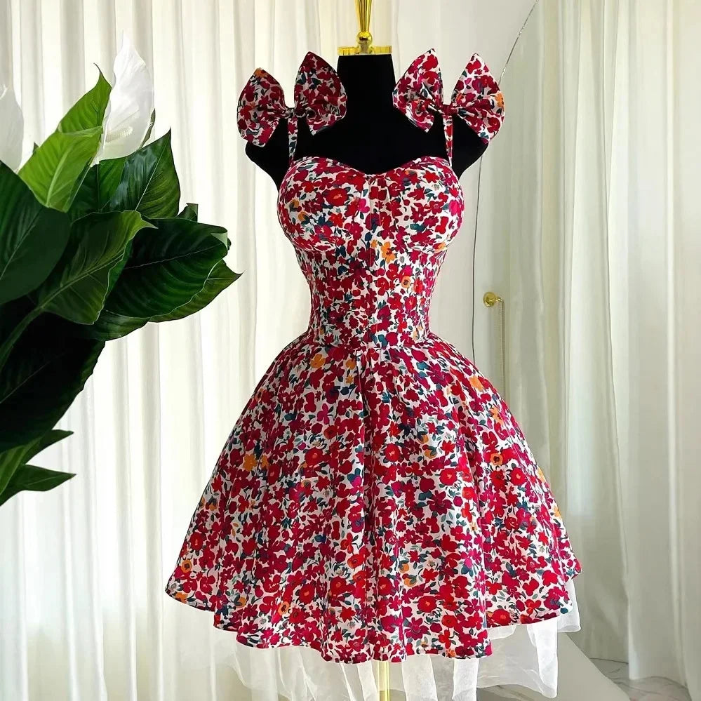 Elegant Floral Print A- Line Mini Dress with Bow Knot High Waist Slimming for Women Spring Season Fashion Casual Skirt by DERILUJA LLC