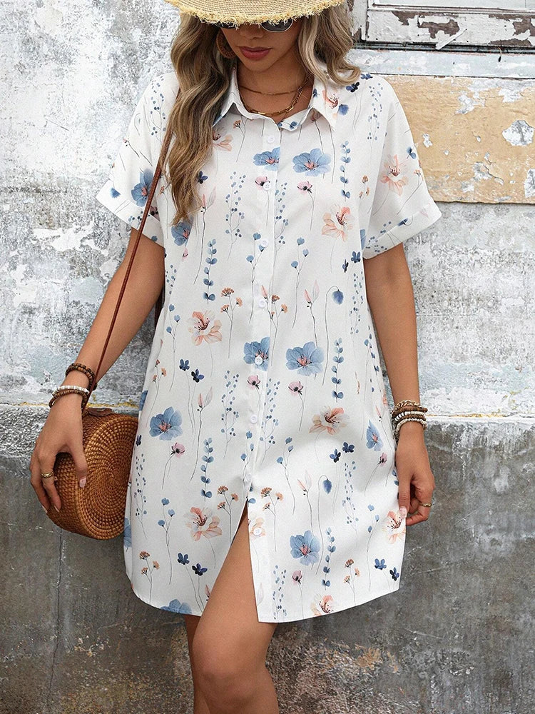 New Fashion Everyday Casual Ladies Short-sleeved Lapel Print Dress City Trend Single-breasted Dress 3D Printed Art Dress by DERILUJA LLC