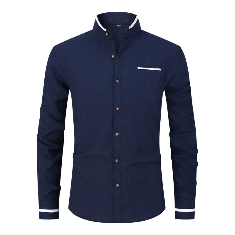 New Fashion Patchwork Long Sleeeve Casual Shirts Men Stand Collar Slim Fit Blouses High Quality Spirng Autumn Male Dress Shirt by DERILUJA LLC