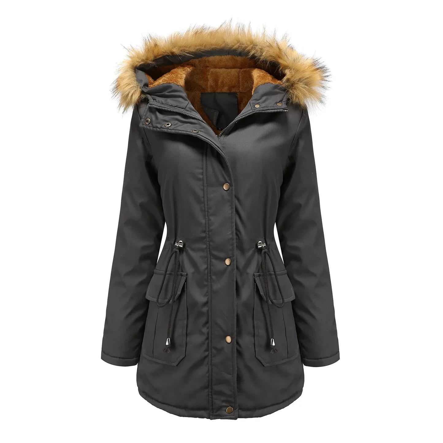 Women's Winter Jacket Warm Solid Plush Thickened Long Winter Coat Outdoor Hiking Fur Hooded Windproof Down Parka Coats Overcoat by My Store