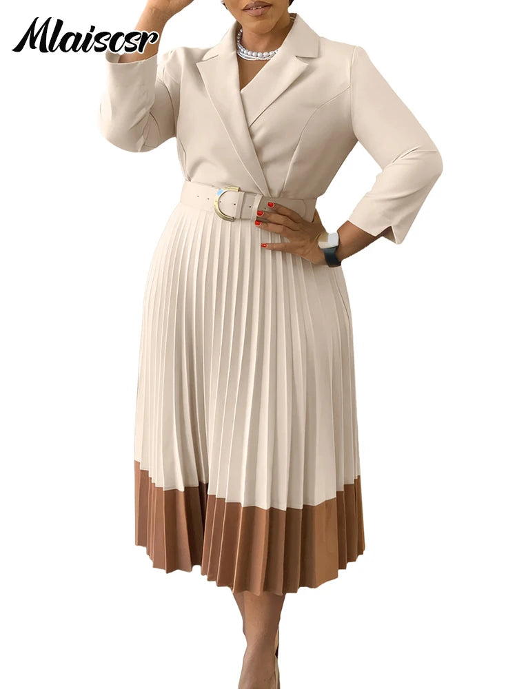Elegant Long Sleeve Solid High Waist A Line Pleated Dress with Belt Women Office Lady Birthday Evening Vestidos by DERILUJA LLC