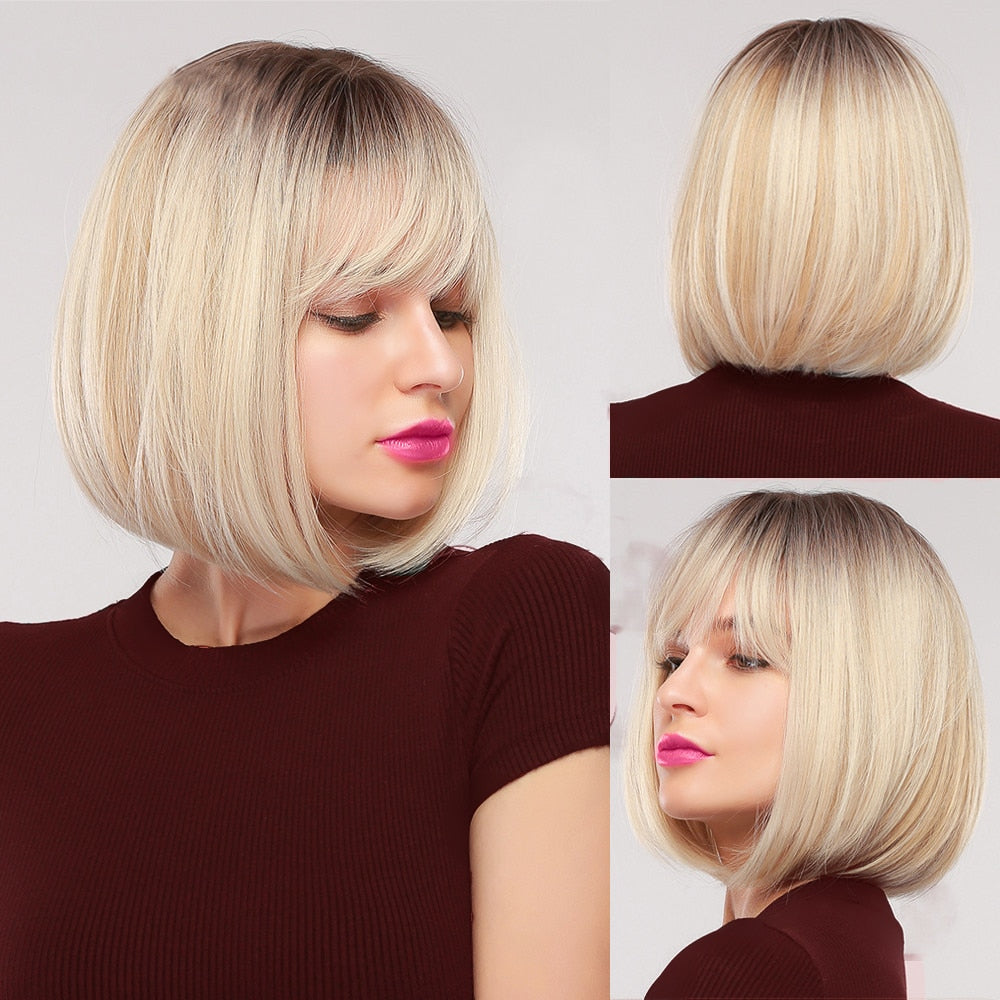 Short Bob Wig With Bangs Synthetic Wigs For Women Ombre Black Red Blonde Pink Lolita Cosplay Party Natural Hair Perruque Bob