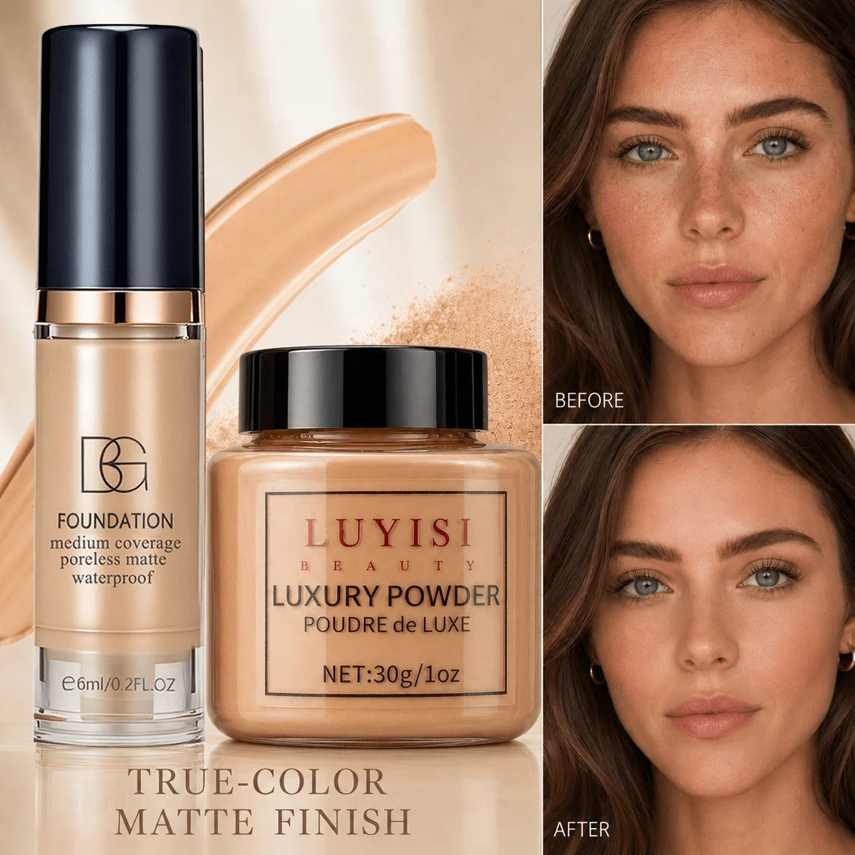 Facial Makeup Set:1pc Matte Loose Powder+1pc Waterproof Fundation,High-Coverage,Long-Lasting,Oil Control,Creat Natural Looks. by DERILUJA LLC