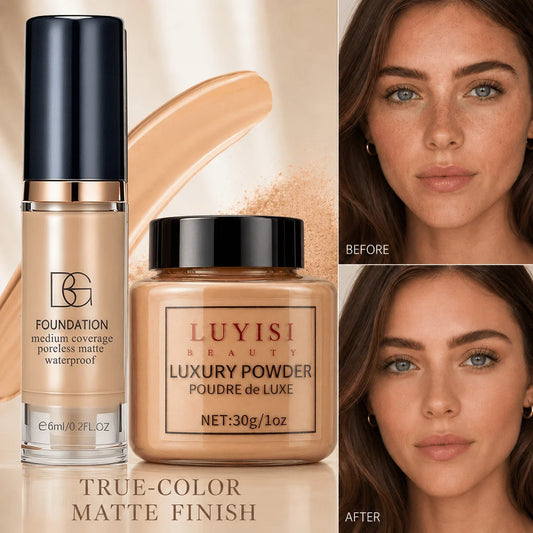 Facial Makeup Set:1pc Matte Loose Powder+1pc Waterproof Fundation,High-Coverage,Long-Lasting,Oil Control,Creat Natural Looks. by DERILUJA LLC