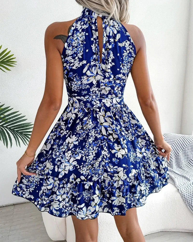 Spring Summer Floral Halter Neck Short Dresses Holiday Beach Sundress Casual Halter Short Dresses Clothes Women by DERILUJA LLC