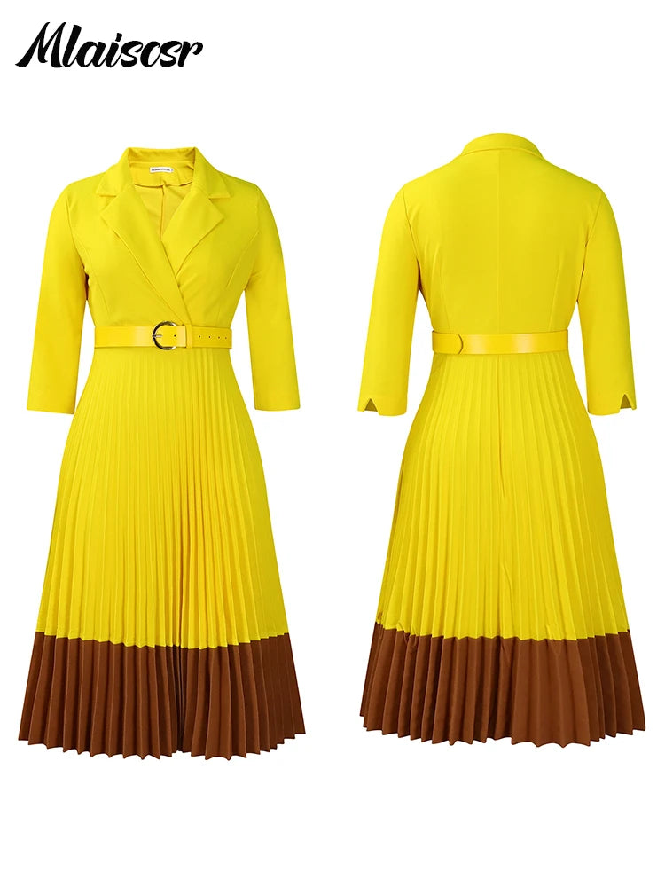 Elegant Long Sleeve Solid High Waist A Line Pleated Dress with Belt Women Office Lady Birthday Evening Vestidos by DERILUJA LLC