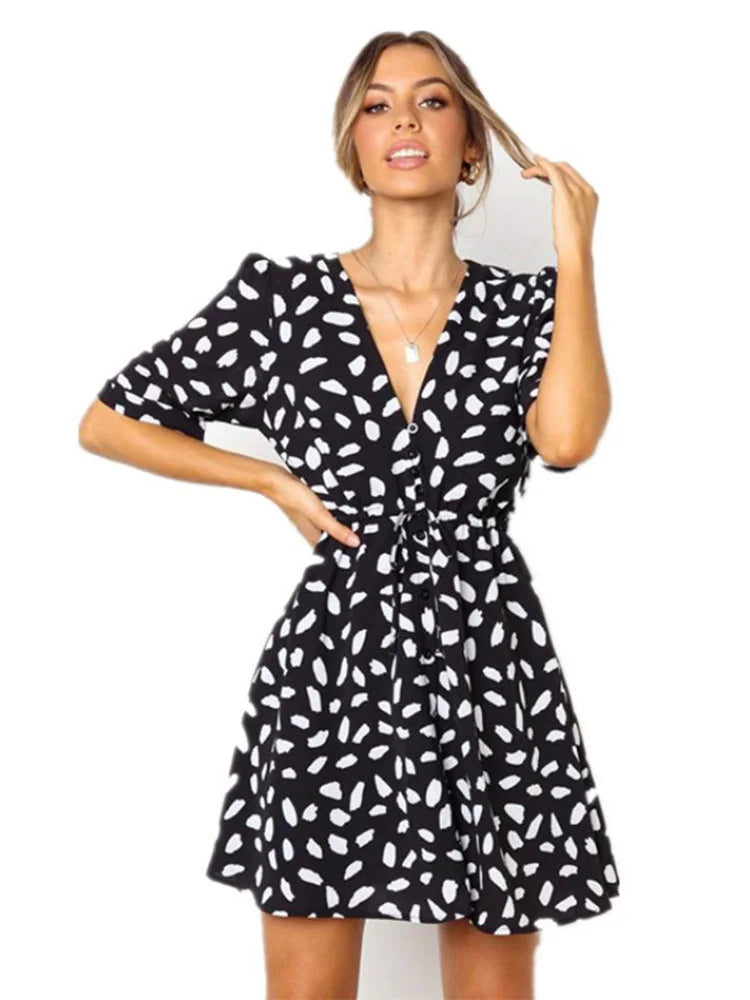 White Sand Spot Mini Summer Women V Neck Casual Beach Sundress Sexy Botton Wrap Bodycon Dress Female by DERILUJA LLC