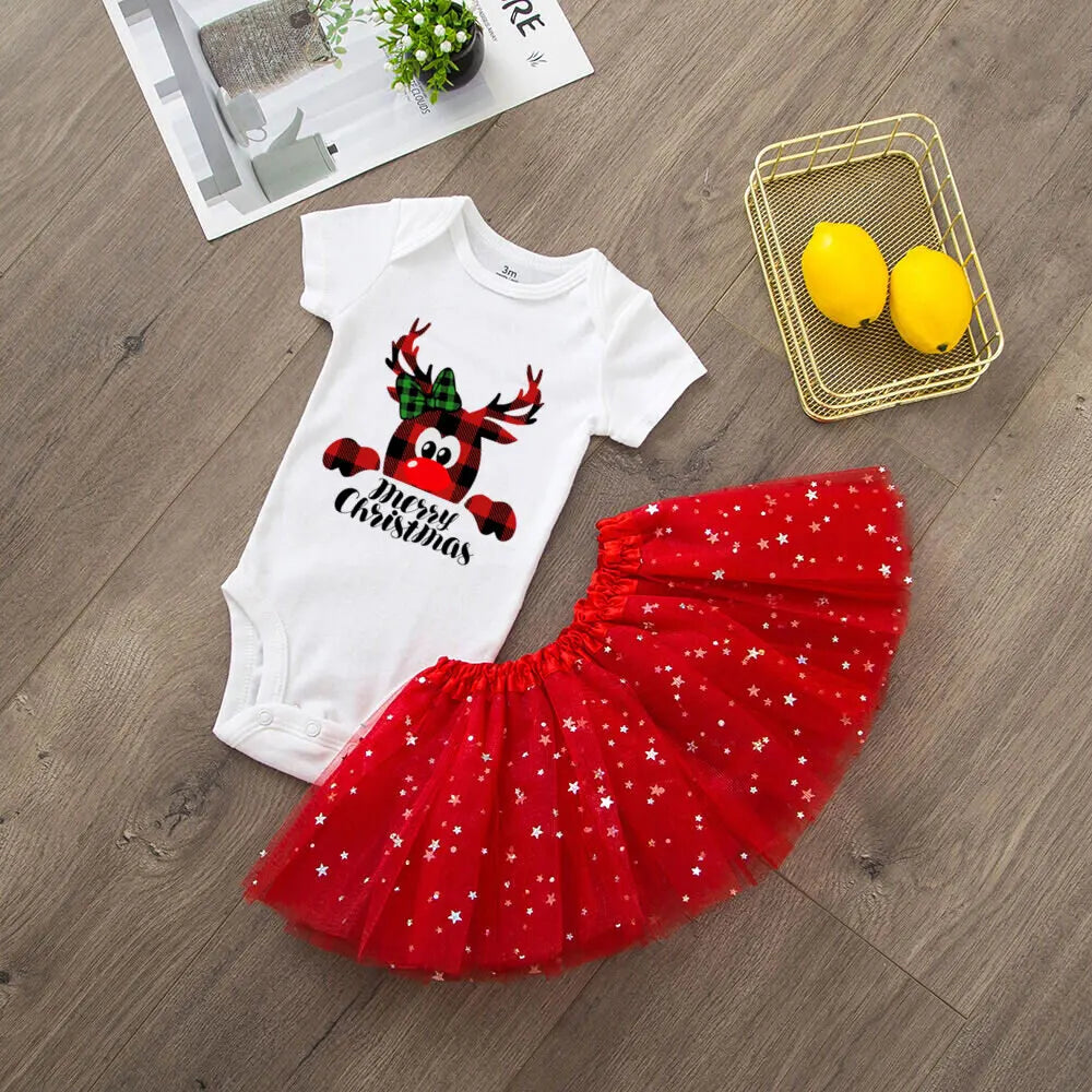 Deer Print Christmas Baby Romper & Tutu Set Christmas Girls Outfit Infant Baptism Short Sleeve Bodysuit Dress Xmas Outfits Skirt by DERILUJA LLC