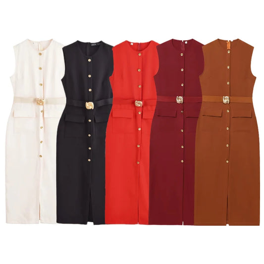Long Dresses Summer 2026 Sleeveess Button Up Belt Sundress Vestidos by DERILUJA LLC