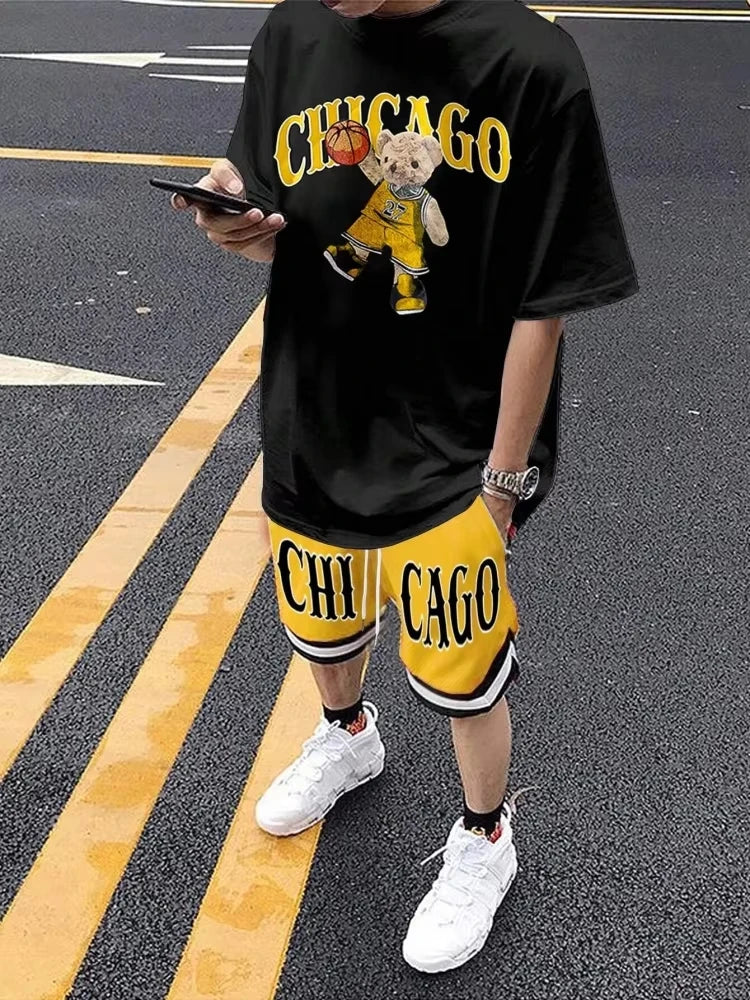 Cartoon Bear 3D Printed Men's Round Neck Short Sleeve 2-piece Set Urban Street Trendy Men's Top Outdoor Men's Drawstring Shorts by DERILUJA LLC