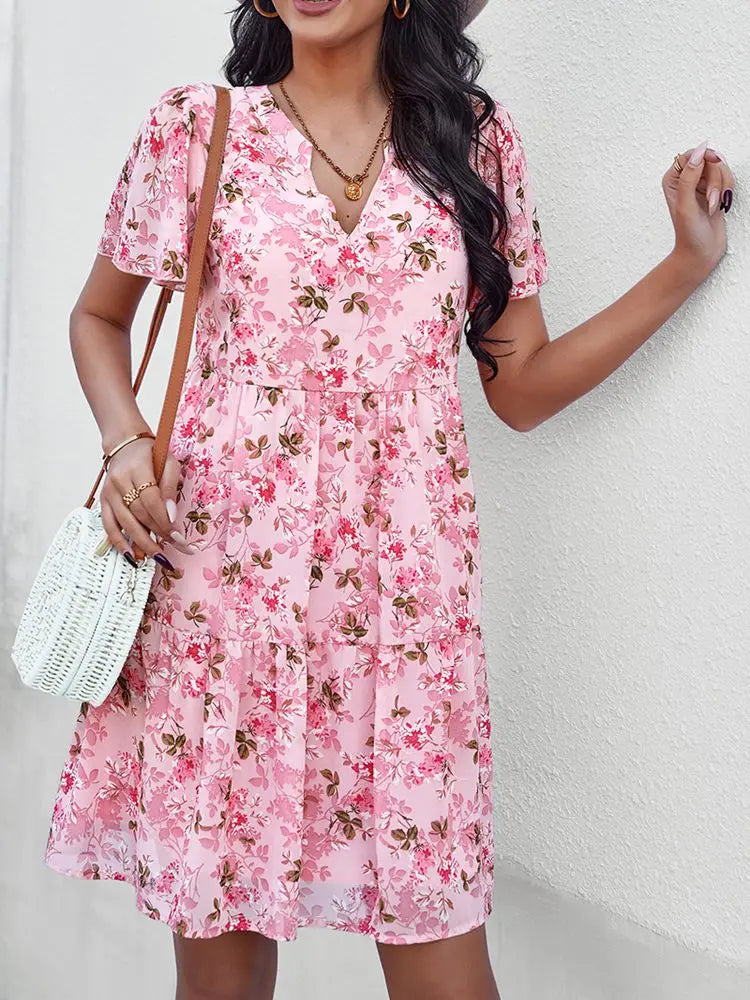 Spring Summer Fashion Women V Neck Short Sleeve Loose Chic Floral Printed Dress by DERILUJA LLC