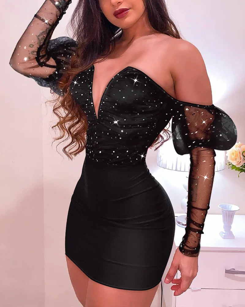 Women Strapless Mesh Splicing Long Sleeve Mini Dress Bodycon Fashion by DERILUJA LLC