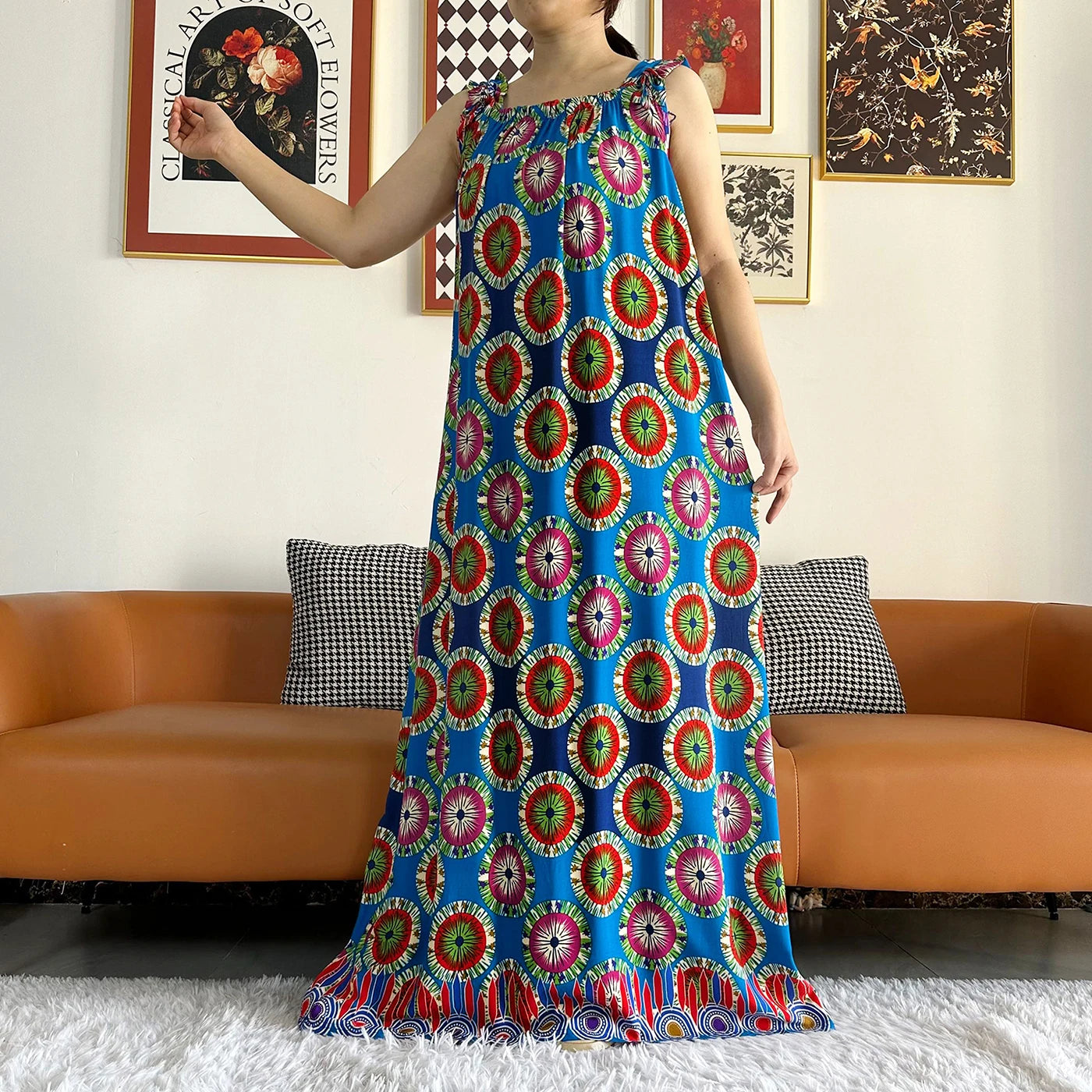 Cotton Summer Sleeveless Dress Print Floral Loose Women Casual Robe With Big Scarf by DERILUJA LLC