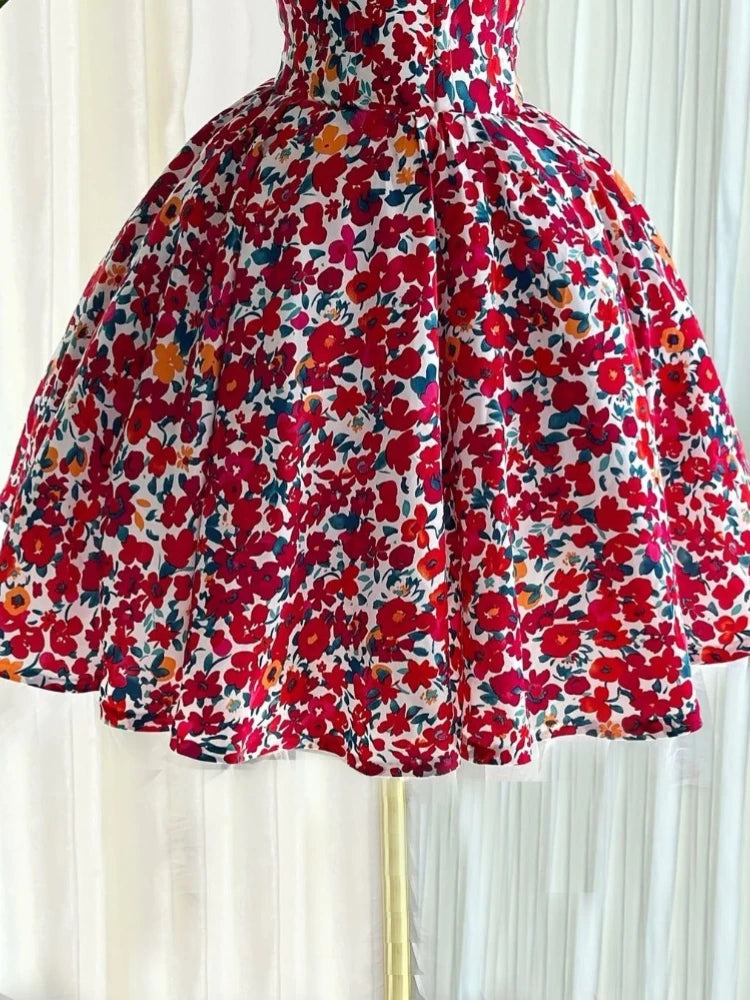 Elegant Floral Print A- Line Mini Dress with Bow Knot High Waist Slimming for Women Spring Season Fashion Casual Skirt