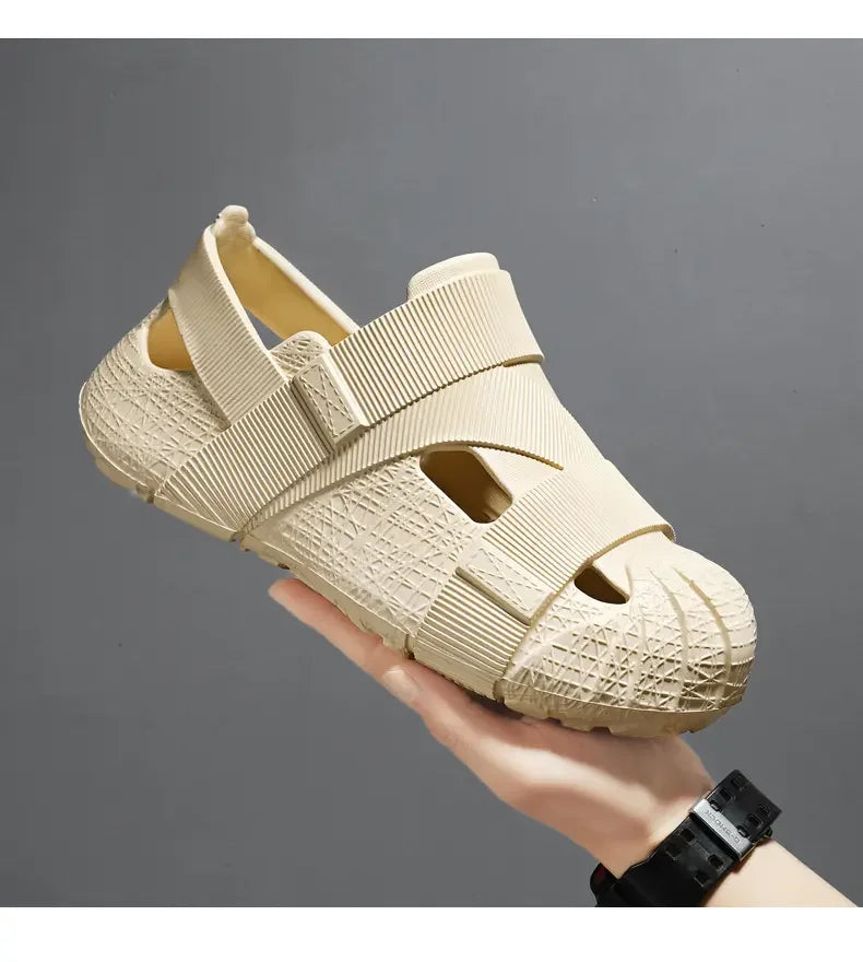 Summer Men's Outdoor Hollow Sandals Flat Bottom Non Slip Women's Garden Beach Breathable Soft Bottom Sneakers Large Sandals by DERILUJA LLC