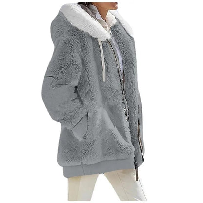 2023 Autumn/Winter Loose Plush Long Sleeve Zip Pocket Hooded Warm Coat for Women