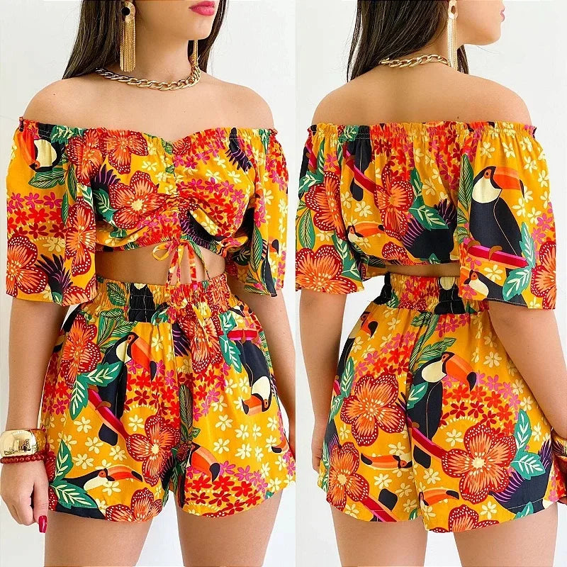 Shoulder Slash Neck T-shirt Shorts Set Office Lady Floral Print Lace Up Short Sleeve Two Piece Set Women Outfit 2026