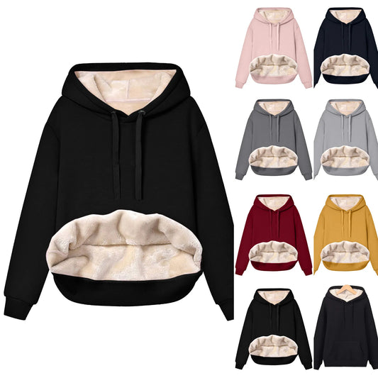 Women Thick Fleece Hoodie Sweatshirt Fleece Lined Winter Velvet Warm Hoodie V Neck Long Sleeve Underwear Tops Blouse with Sleeve kash